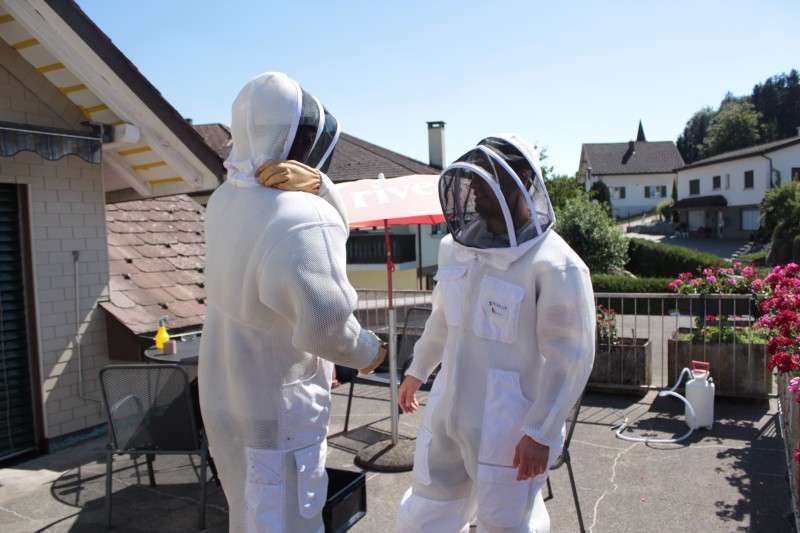 Deux experts Kammerjaeger à Avusy portent des combinaisons de protection blanches pour intervenir sur un toit par une journée ensoleillée.